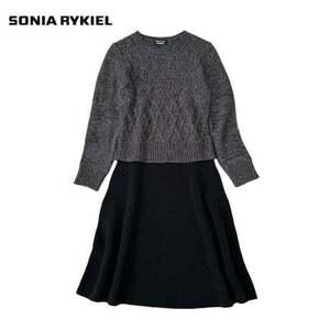 NC709さ@ SONIA RYKIEL 美品 ニット 切り替え ドッキング ロングワンピース サイズ38/M グレー ブラック　0.1