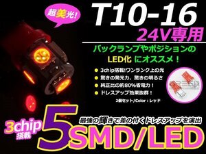 高輝度LED 24V T10ウェッジ 5連 3chip 3チップ 5050 SMD レッド 赤 2個セット 360度発光 大型車 トラック ポジション等