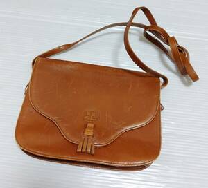  France made Courreges Courreges original leather shoulder bag pochette Logo fringe diagonal .. bag tea color Brown 