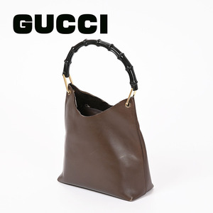 275-478◆GUCCI/グッチ バンブー 本革レザー ワンショルダーバッグ ポーチ付き ダークブラウン レディース ハンドバッグ