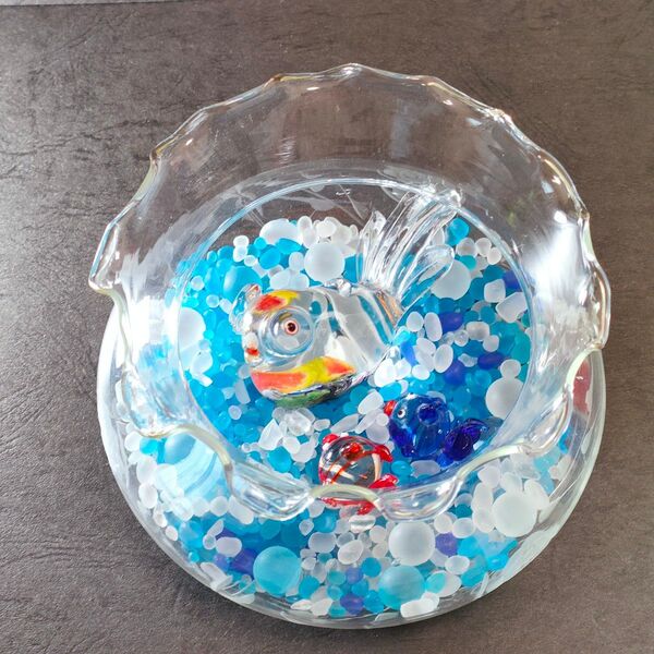 【ガラス細工】●状態良い●14㎝金魚鉢 & 金魚3匹 & ガラス砂利●