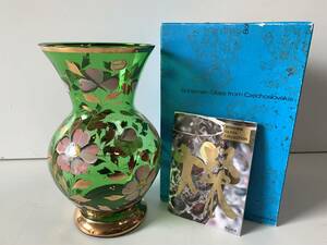 Mu698◆Bohemian Glass ボヘミアグラス◆花瓶 フラワーベース ハンドペイント 金彩 グリーン系 花柄 カリグラス VASE20195/8449/9 箱付