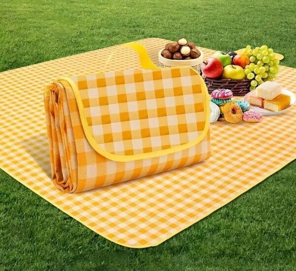 ピクニックシート　防水折りたたみ　　ピクニックマット　黄色　ギンガムチェック　新品未使用