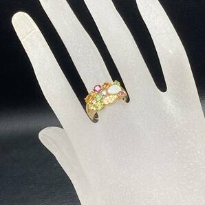 ASAKI K18 イエローゴールド リング ダイヤモンド0.16ct シェル ペリドット ガーネット マルチカラー 指輪 14号の画像10
