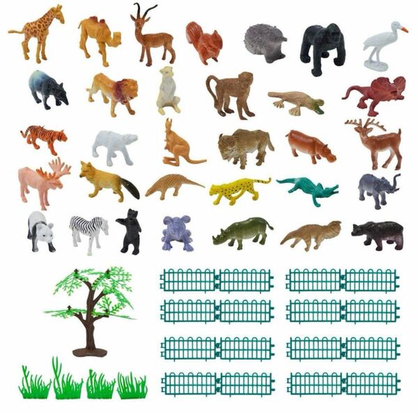 [３２種類の動物＋１６個の柵＋４つの草原＋１本の木] フィギュア セット