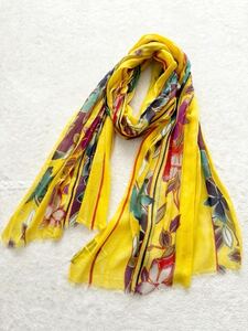  large size ETRO Italy made floral print stole large size stole rayon linen flax Etro yellow red purple blue shawl scarf muffler 