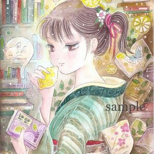 水彩画 檸檬の文学少女　手描きイラスト A4