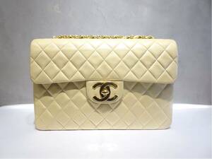 CHANEL デカマトラッセ ラムスキン ベージュ ゴールド金具 チェーンショルダーバッグ シリアルシール有り Gカード付き