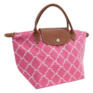 1円 ■ 美品 ロンシャン ハンドバッグ 馬柄 ピンク系×ブラウン系 ナイロン×レザー 旅行 Longchamp ■E.Bmmr.oR-26