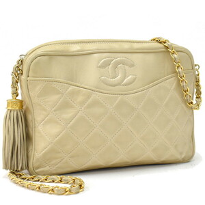 1円 ◎美品 CHANEL シャネル チェーンショルダーバッグ マトラッセ ココマーク タッセル レザー ライトベージュ◎K.Cogr.oR-50