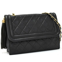 1円 ◎良品 CHANEL シャネル チェーンショルダーバッグ ココマーク マトラッセ タッセル レザー ブラック◎L.Cerm.hP-52_画像1