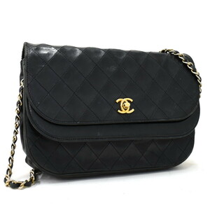 1円 ◎美品 CHANEL シャネル チェーンショルダーバッグ ダブルフラップ マトラッセ レザー ブラック ゴールド金具◎E.Dsmu.oT-11