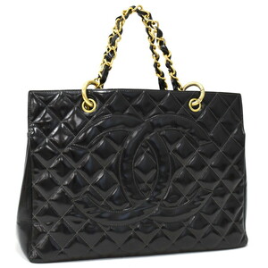 1円 ◎美品 CHANEL シャネル チェーントートバッグ ハンドバッグ マトラッセ ココマーク パテントレザー ブラック◎E.Cgom.hP-08