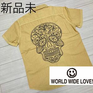  new goods not yet #WORLD WIDE LOVE!#meki deer n Skull embroidery short sleeves shirt L yellow work shirt World Wide Love dead stock 