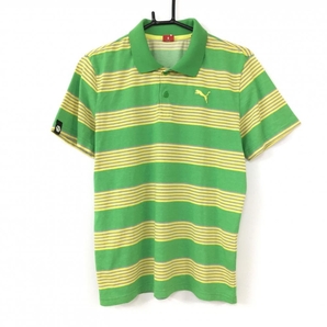【美品】PUMA プーマ 半袖ポロシャツ グリーン×イエロー ボーダー柄 メンズ M ゴルフウェアの画像1