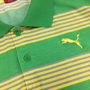 【美品】PUMA プーマ 半袖ポロシャツ グリーン×イエロー ボーダー柄 メンズ M ゴルフウェアの画像3
