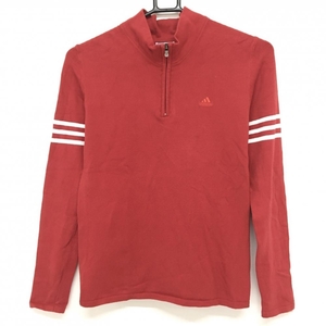 アディダス 長袖ハイネックシャツ レッド×白 ハーフジップ 袖3ライン レディース M/M ゴルフウェア adidas