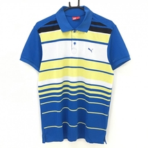 プーマ 半袖ポロシャツ ブルー×イエロー 前ボーダー メンズ M ゴルフウェア PUMA_画像1