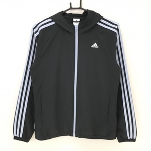 【美品】アディダス ジップパーカー 黒×ライトブルー クリマライト 袖3ライン ジャケット レディース L ゴルフウェア adidas