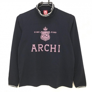 【超美品】アルチビオ 長袖ハイネックシャツ ネイビー×ピンク フロッキーロゴ 裏起毛 レディース 36(S) ゴルフウェア archivio