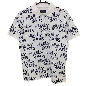 パーリーゲイツ 半袖ポロシャツ 白×ネイビー ロゴ総柄 メンズ 5(L) ゴルフウェア PEARLY GATES