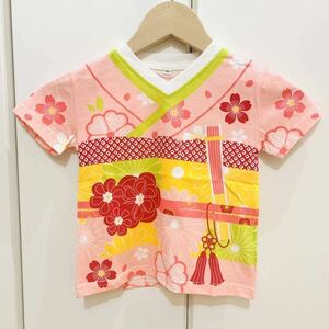 新品 SALE 90cm 定価1,980円 Tシャツ　なりきり　キッズ　綿100%　和風　子供　女の子　ライトピンク