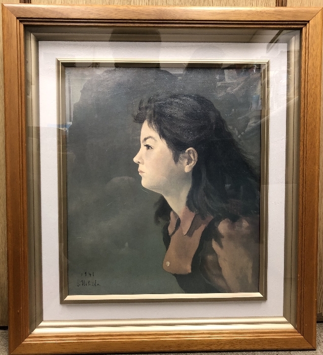 Gerahmtes Gemälde von Iwao Uchida, Wind, 1946, Wandbehang, gerahmt, Porträt, Frau, Rahmengröße 54X60cm, Kyodo-Druck, Malerei, Ölgemälde, Porträts