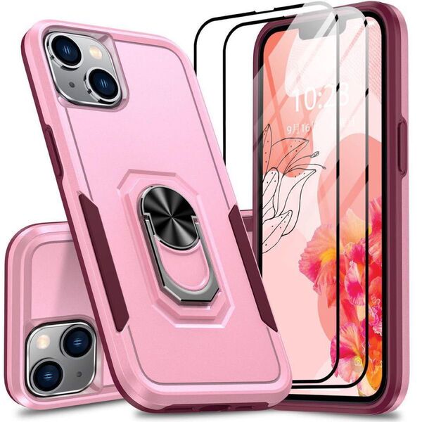☆ 新品未使用 ☆ iPhone 14ケース 耐衝撃 保護カバー 2枚*9H ガラス ピンク リングスタンド