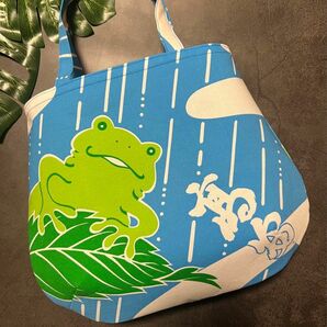 高安　相撲　浴衣　反物　和柄　粗布　まあるいトートバッグ　ハンドメイド　カエル　ケロ　雨