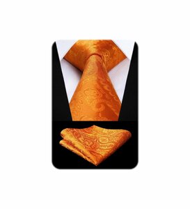 [HISDERN] [ヒスデン] オレンジ ネクタイ チーフ セット メンズ おしゃれ ペイズリー柄 ネクタイ 結婚式 二次会 入学式 卒業式 派手