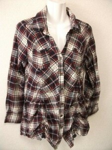 assk2-590☆Cloche　チェック柄長袖シャツ　絞りデザイン/ポケット付　ネイビー×赤×白　サイズ02　綿100%