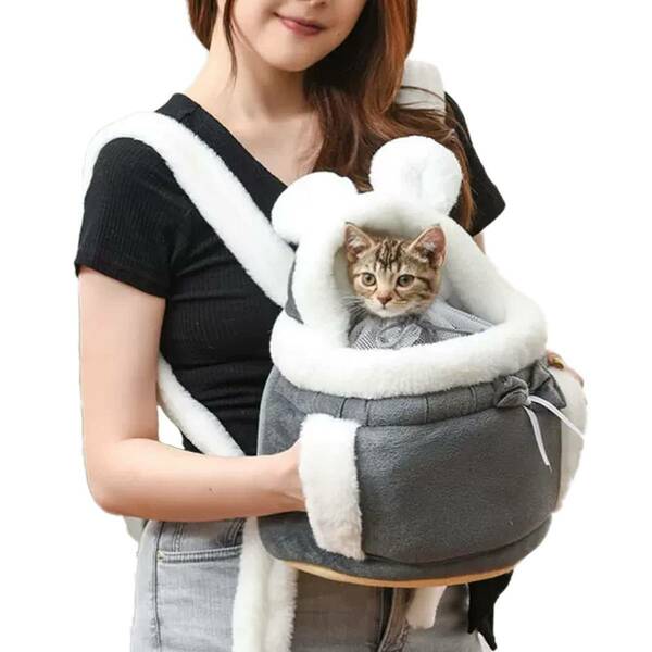 【グレー M・1.5kg以内】ペットスリング キャリーバッグ 抱っこ紐 冬 猫バッグ ペット 犬 ドッグスリング 防寒 可愛い 裏起毛 ポケット付き