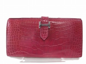 1円　良品　HERMES エルメス 　ベアンスフレ　★　アリゲーター クロコダイル　★　長財布　★　ショッキングピンク　8950