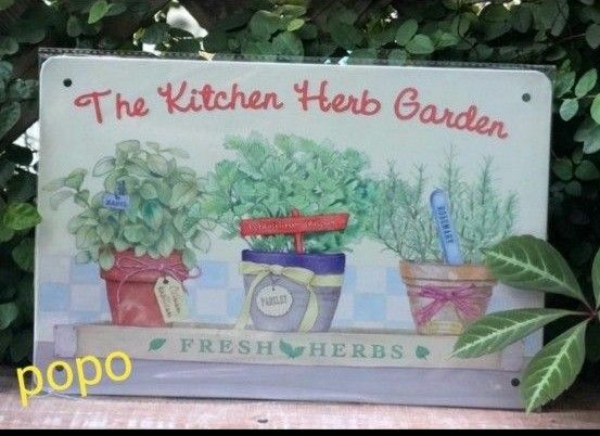 ブリキ看板 プレート tin Kitchen HerbGarden３鉢◆ガーデニング雑貨