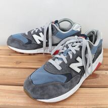 z1107【580】ニューバランス US7 25.0cm/紺 ネイビー 青 ブルー 白 ホワイト系 newbalance メンズ ユニセックス スニーカー 中古_画像1