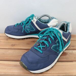 z1196【574】ニューバランス US8 26.0cm/紺 ネイビー 白 ホワイト 水色 ブルー系 newbalance メンズ スニーカー 中古