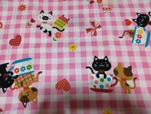 ☆Ｗ巾・1４６×４８センチ☆ネコ・カップ・チェック・オフ白×ピンク☆_画像4