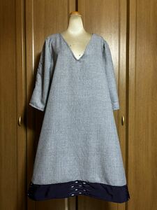 着物リメイクhandmade★58★グレーストライプ生地・紫小紋紬Vネック七分袖ロングワンピース・ストール★