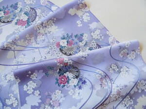 ■彩■古布着物はぎれ/ハギレ 36×160 正絹 満開の桜に源氏車 組み紐 紫苑色 薄紫色 シルク お人形 布細工