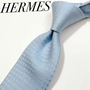 美品 エルメス HERMES ネクタイ ハイブランド H柄 ファソネ 光沢 水色