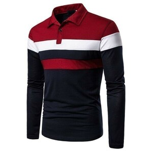 t22【 赤 XL 】1 ポロシャツ 長袖 鹿の子 メンズ ゴルフウェア ゴルフシャツ トップス シャツ ゴルフ スポーツ アウトドア シニア ボーダーの画像1