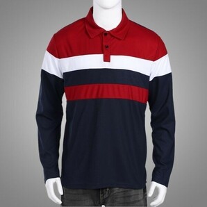t22【 赤 XL 】1 ポロシャツ 長袖 鹿の子 メンズ ゴルフウェア ゴルフシャツ トップス シャツ ゴルフ スポーツ アウトドア シニア ボーダーの画像2