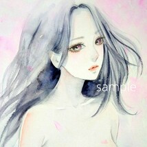 手描きイラスト　肉筆原画　水彩画　絵画　桜　美人画　美少女　A4　@mucica_画像1