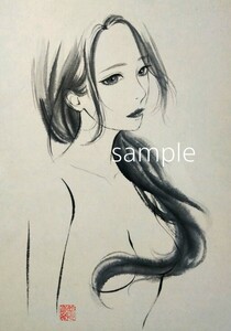 肉筆原画　水墨画　墨絵　絵画　日本画　手描きイラスト　美人画　裸婦画　A4　@mucica