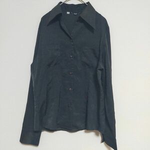 サテン生地 ブラック オフィスシャツ スーツ 11号 M 光沢シャツ レディース