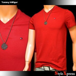 SALE 新品 定番 トミーヒルフィガー XSサイズ 赤 VネックTシャツ ワンポイント フラッグ刺繍 レッド TOMMY HILFIGER メンズ 正規品