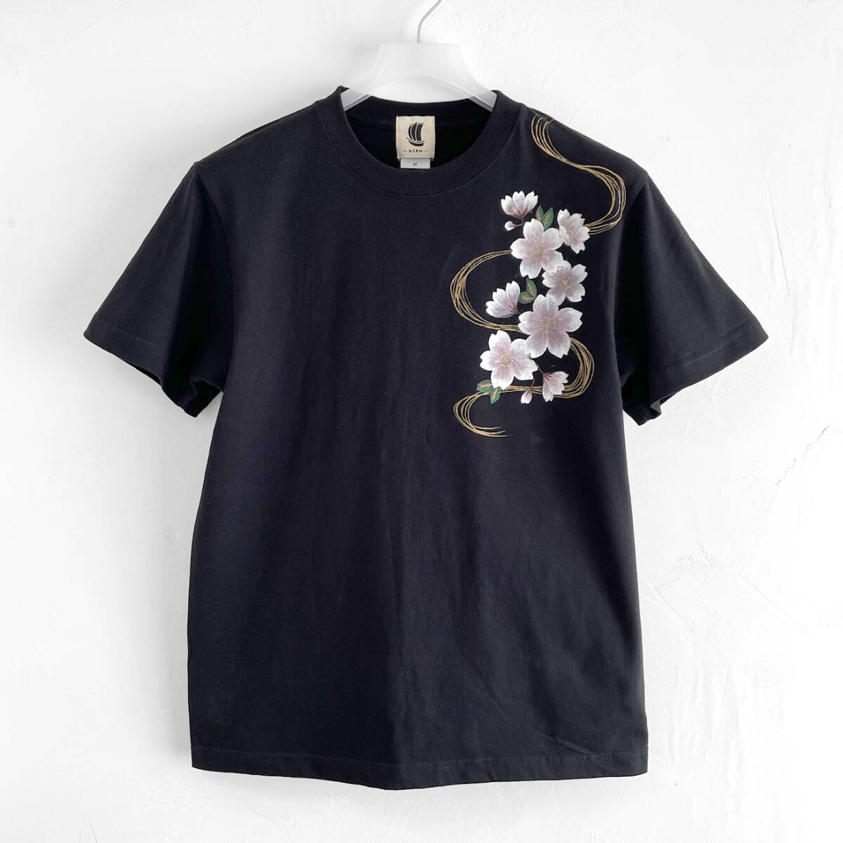 T-shirt à motif de fleurs de cerisier Wave pour hommes, Taille XL, T-shirt dessiné à la main, Noir, Fleurs de cerisier la nuit, Modèle japonais, Fait main, Taille XL et plus, Col rond, À motifs