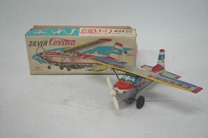 [2-131] タカトク T.T ブリキ飛行機 SILVER Cessna シルバーセスナ 箱有 フリクション SKY TAXI スカイタクシー 昭和レトロ 当時物 玩具