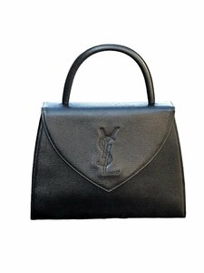 超美品◆Yves SaintLaurentイヴサンローサンヴィンテージVintageデカYSLロゴケリー型ハンドバッグ黒ブラック色牛カーフ・レザー