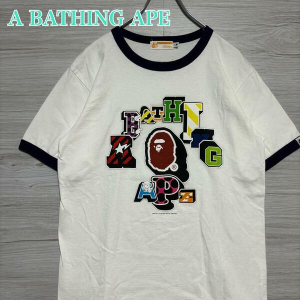 【入手困難】A BATHING APE　アベイシングエイプ　Tシャツ　リンガー　アーチロゴ　センターロゴ　ビッグプリント　即完売　レア　一点物